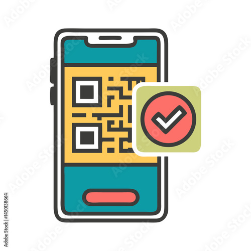Mobile phone with QR code and verification check mark icon, secure digital authentication, mobile payment, contactless transaction, online security, modern app interface