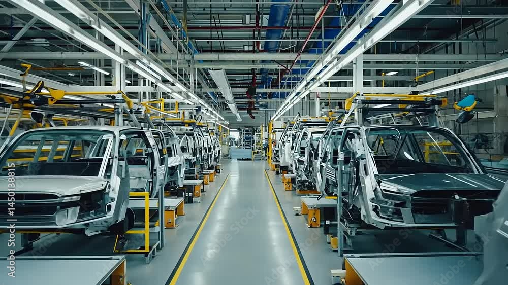 Manufacturing Assembly Line With Multiple Vehicles In Process Of