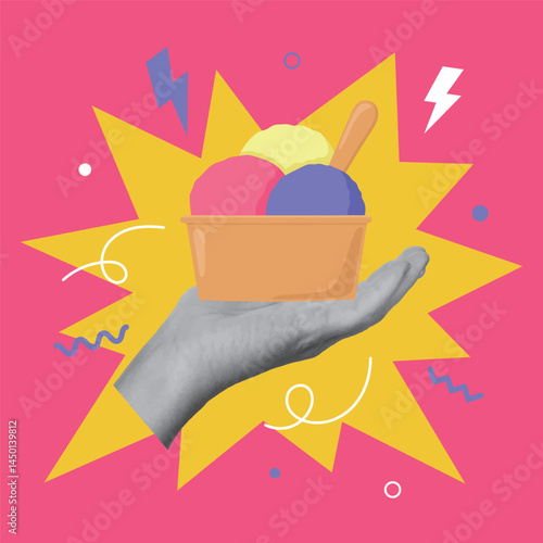 Collage design with hand holding ice cream. Summertime, vacations concept. Vector illustration