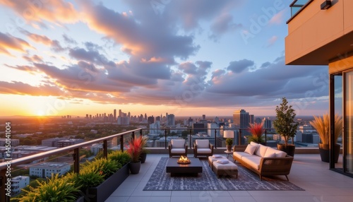 rooftop terrace of high rise residential tower with city skyline and lounge furniture during sunset golden hour