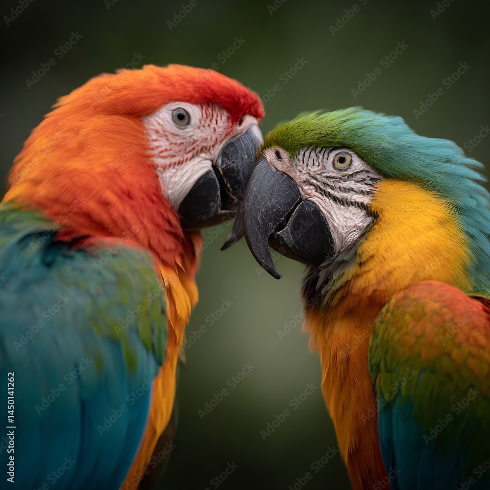 Fototapeta premium Vibrant macaw pair showcasing plumage and forming a close head touching display