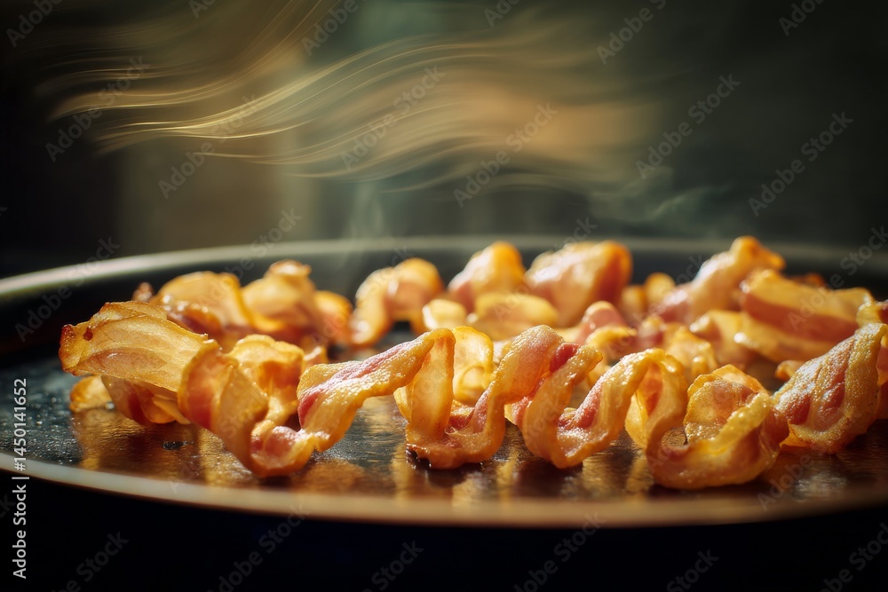 Golden, crispy bacon cooks in a pan, a mouthwatering image of a delicious breakfast. Golden, crispy bacon cooks in a pan, a mouthwatering image of a delicious breakfast.