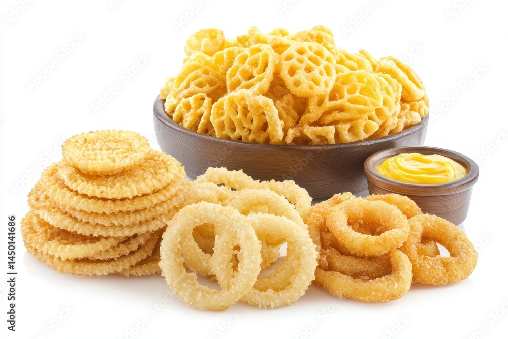 A vibrant assortment of crispy snacks including onion rings and unique shapes in a bowl A vibrant assortment of crispy snacks including onion rings and unique shapes in a bowl