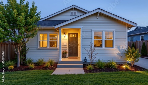 well lit small home exterior with compact landscaping and neutral paint ideal for first time buyers or downsizing seniors