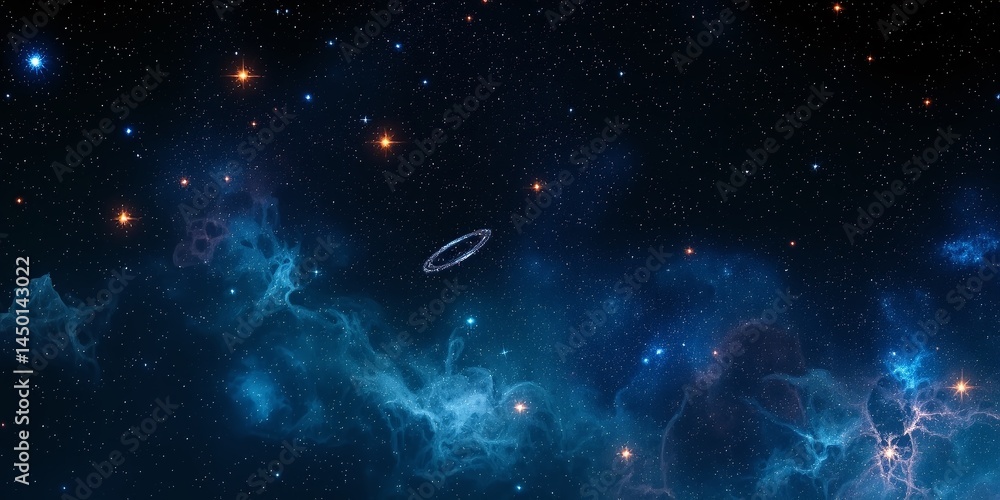 Fototapeta premium Celestial Ring Nebula: A mesmerizing view of a cosmic ring nebula amidst a vibrant expanse of nebulae and distant stars. The ethereal glow and celestial details create a sense of wonder and mystery.