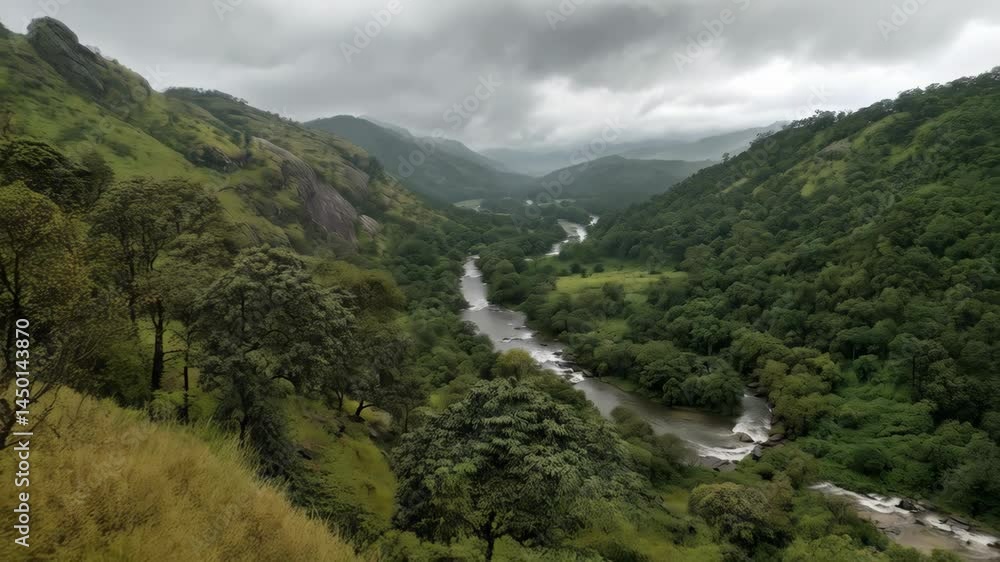 Serene mountain valley landscape featuring a flowing river, lush green forests, and overcast skies, perfect for scenic exploration. Serene mountain valley landscape featuring a flowing river, lush green forests, and overcast skies, perfect for scenic exploration.