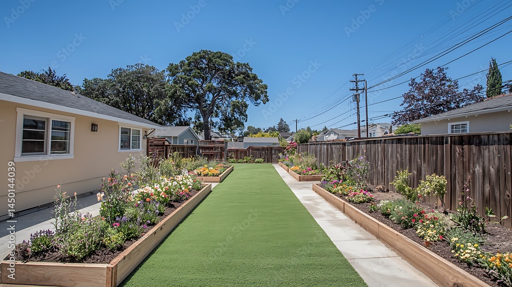Fototapeta premium Residential backyard garden with artificial turf and raised beds.
