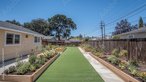 Wallpaper Mural Residential backyard garden with artificial turf and raised beds. Torontodigital.ca