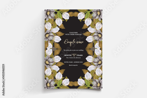 WEDDING INVITATION FRAME WITH FLOWER DECORATIONS AND FRESH LEAVES