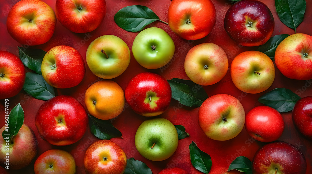 Vibrant assortment of fresh apples and leaves creating a visually appealing background