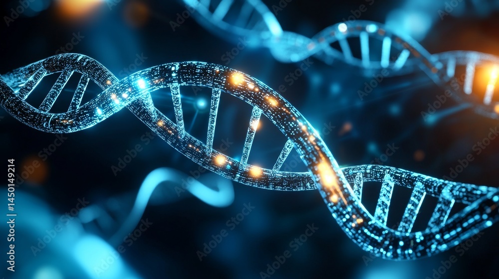 DNA strands illuminated in a futuristic blue environment. Biotechnology gene editing. DNA strands illuminated in a futuristic blue environment. Biotechnology gene editing.