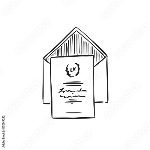 An invitation and lined envelope in black and white. Hand drawn illustration. 