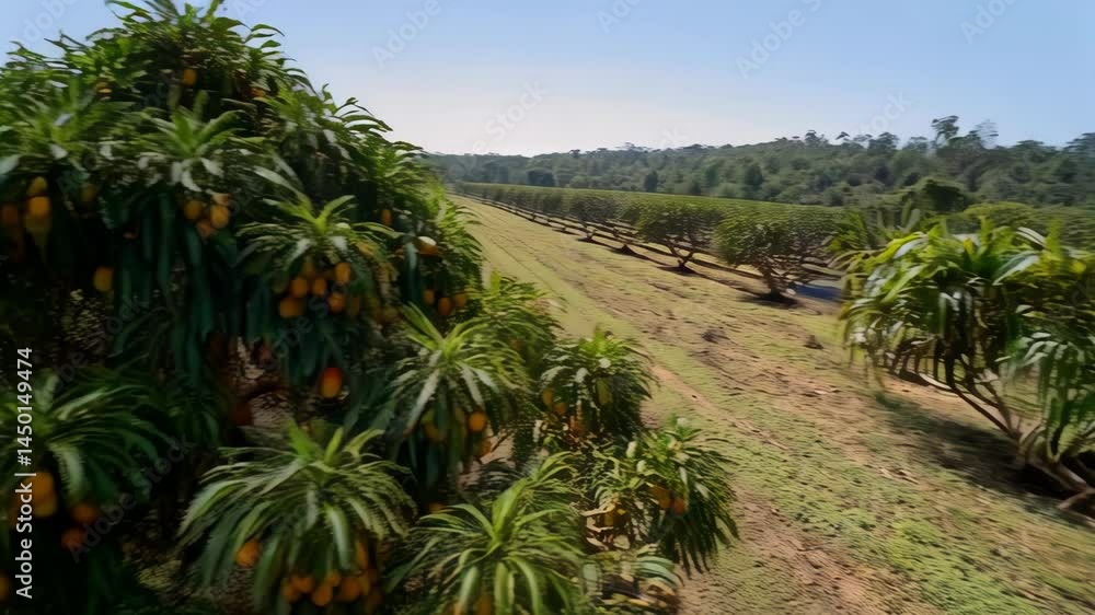 Close up of ripe mango fruits hanging on the tree branches with green leaves on a sunny day in a field. Close up of ripe mango fruits hanging on the tree branches with green leaves on a sunny day in a field.