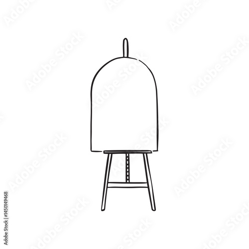 A easel with a blank curved top board mounted. Black and white hand drawn sketch. Presentation, wedding or artist