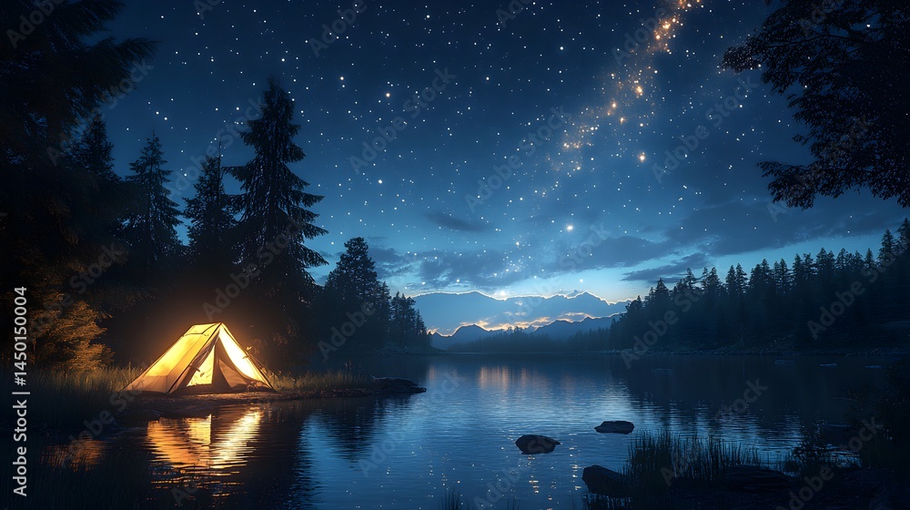 Fototapeta premium A tranquil night scene features a glowing tent beside a calm lake under a breathtaking starry sky in a peaceful forest.