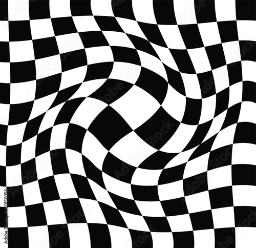 Abstract checkerboard wave pattern. Trippy checkerboard background. Groovy hippie black and white chessboard pattern. Distorted geometric pattern. Abstract monochrome vector backdrop illustration.