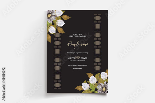 WEDDING INVITATION FRAME WITH FLOWER DECORATIONS AND FRESH LEAVES