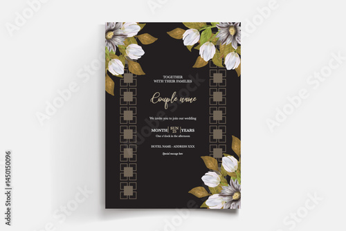 WEDDING INVITATION FRAME WITH FLOWER DECORATIONS AND FRESH LEAVES