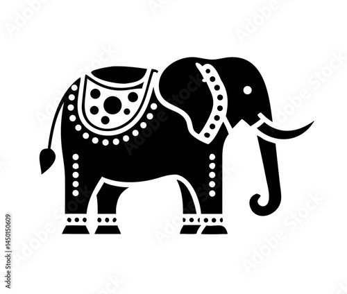 Stylized elephant featuring decorative patterns and playful pose.