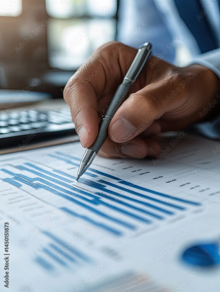 Analyzing financial data, a businessperson's hand meticulously reviewing charts Analyzing financial data, a businessperson's hand meticulously reviewing charts