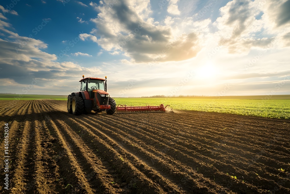 Fototapeta premium Tractor Plowing Agricultural Field at Sunset