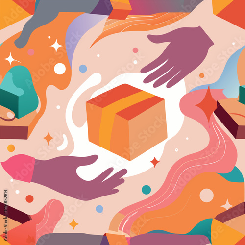 Colorful illustration of hands reaching for a gift in a creative design layout with abstract elements Generative AI