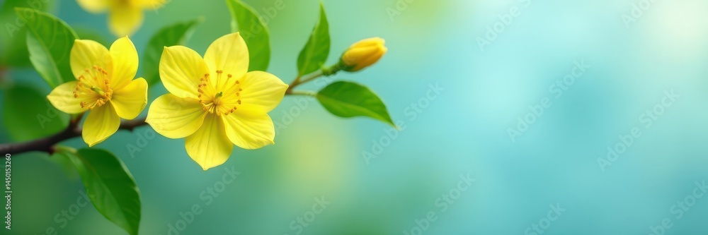 Fototapeta premium Yellow blossoms, green leaves, blue backdrop Peaceful spring scene , vibrant, still life