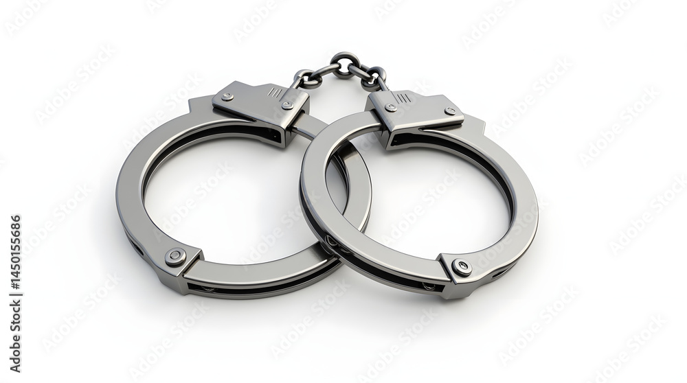 A pair of shiny metal handcuffs on a white background, symbolizing law enforcement and justice. A pair of shiny metal handcuffs on a white background, symbolizing law enforcement and justice.