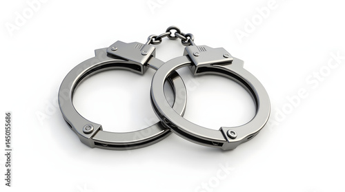 A pair of shiny metal handcuffs on a white background, symbolizing law enforcement and justice.