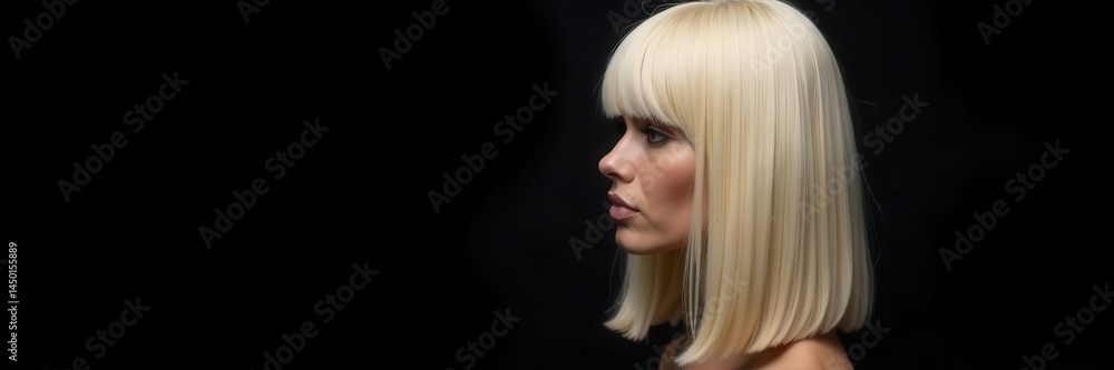 Naklejka premium Straight, bleached blonde lace bob wig on black , hair care, hair styling