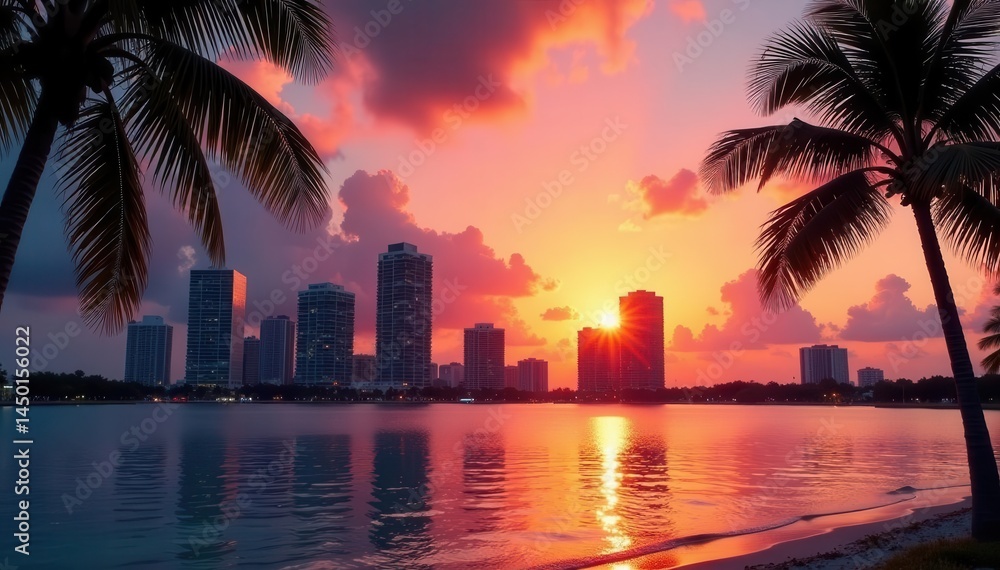 Obraz premium Stunning sunset over Miami's skyscrapers, palm trees framing the scene, ocean view, beach
