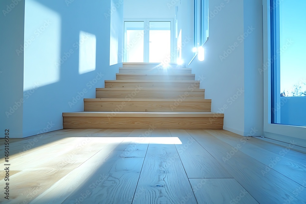 Fototapeta premium Bright Modern Wooden Staircase in Airy Home