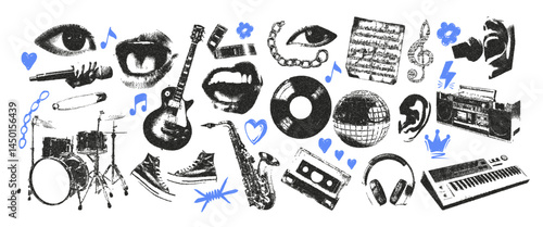 Photocopy stipple music retro elements set. Vinyl record, mouth with microphone, cassette, eyes, chain, synthesizer, drums, sneakers, chain, headphones, ear.