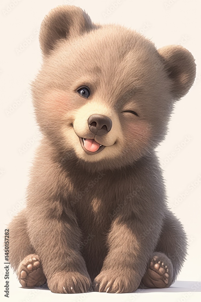 Obraz premium Adorable fluffy bear cub sits, winking, sticking its tongue out playfully
