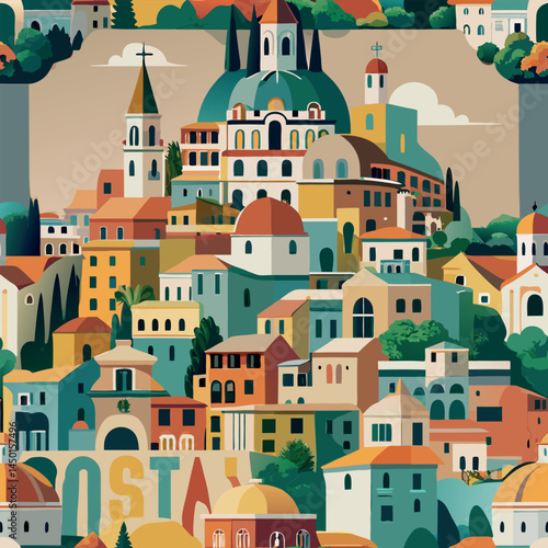 Vibrant city landscape showcasing colorful architecture and lively rooftops in a scenic coastal town in bright daylight Generative AI