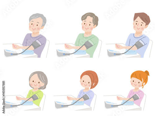血圧を測る家族のイラストセット