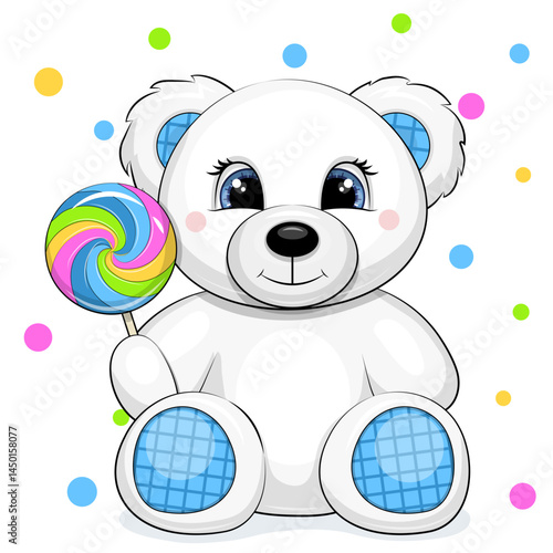 Cute cartoon white bear toy with a big lollipop. Vector illustration of an animal on a white background with colorful dots.