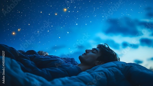 A young man peacefully sleeps under a breathtaking night sky filled with countless twinkling stars and soft clouds.