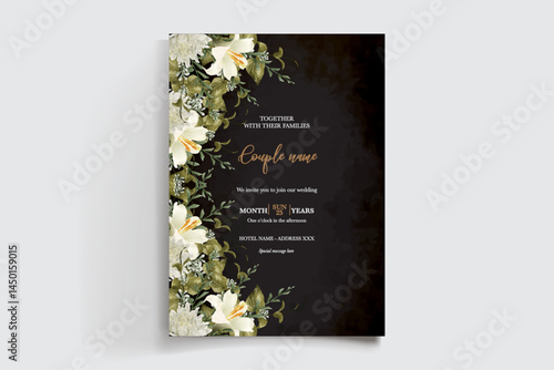 WEDDING INVITATION FRAME WITH FLOWER DECORATIONS AND FRESH LEAVES