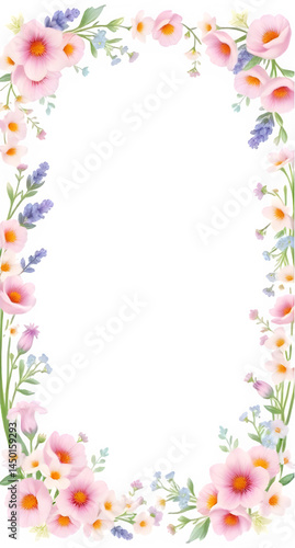 Vibrant Floral Frame PNG, Transparent Bloom Border Arrangement, Botanical Spring Overlay, Colorful Flower Illustration with Pink, Purple, and Yellow Flowers for Invitation Designs