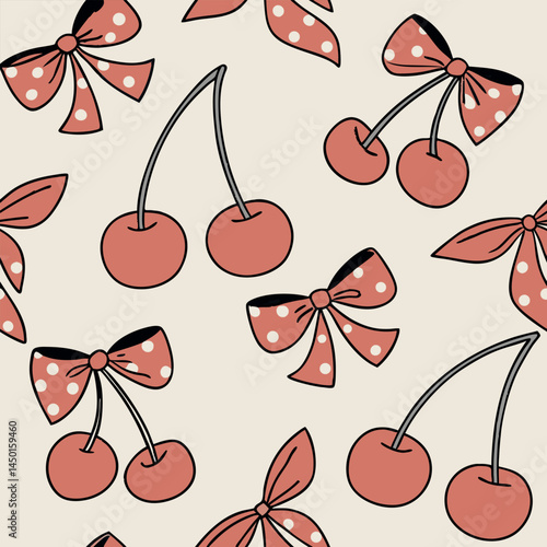 Pattern of cherries and bows on a light background, perfect for textiles and wallpapers in fashion designs Generative AI