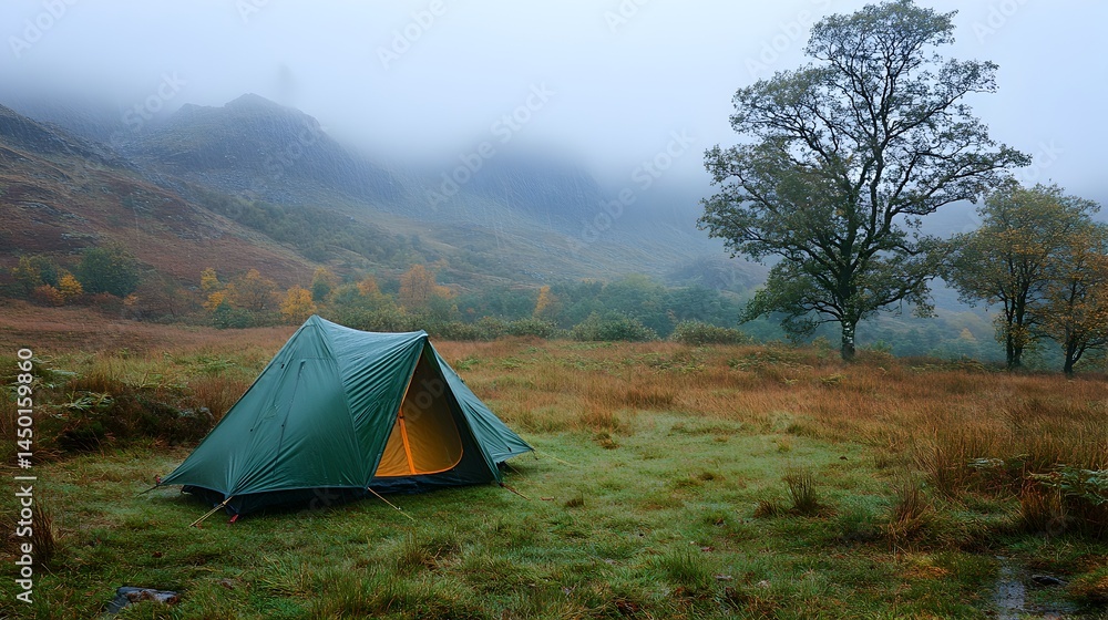 A lone green tent sits in a misty mountain valley meadow near a large tree on a foggy autumn morning. A lone green tent sits in a misty mountain valley meadow near a large tree on a foggy autumn morning.