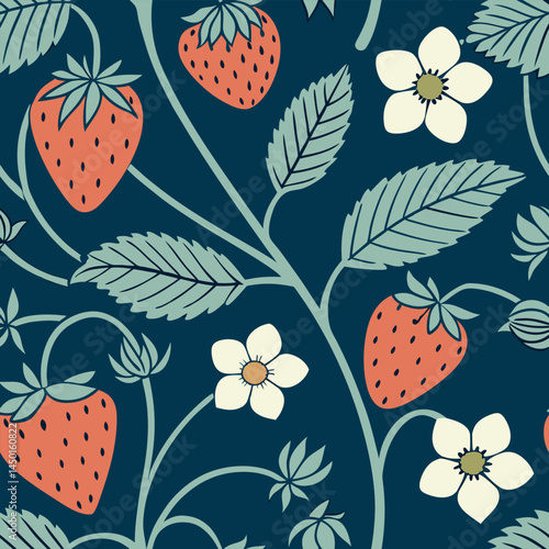 Vibrant strawberry and flower pattern on a dark background showcasing nature's beauty and elegance in design Generative AI