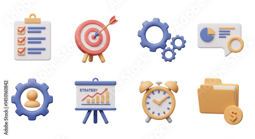 Business Management Icons Set in 3D Rendering with Gear Target and Clipboard on Black Background