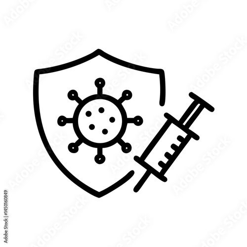 Shield and virus icon with syringe for vaccination and protection concepts, ideal for health apps, medical infographics, and immunity-related web designs