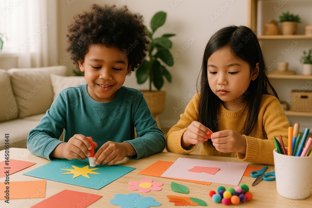 Children crafting colorful paper art. Children crafting colorful paper art.