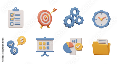 3D Rendering of Business Icon Set Featuring Clipboard Target Gear Clock Money Presentation Chart and Folder on Transparent Background