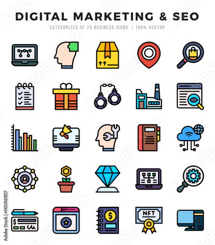Digital Marketing & SEO elements. Lineal Color web icon set. Simple vector illustration.