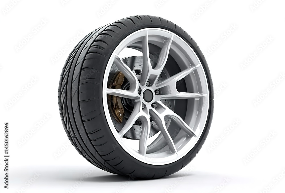 A single car wheel with a black tire and a silver alloy rim, multi-spoke design, red brake calipers visible, white background. A single car wheel with a black tire and a silver alloy rim, multi-spoke design, red brake calipers visible, white background.