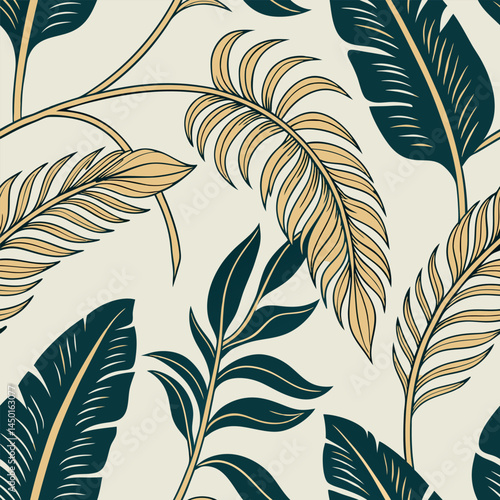 Intricate palm leaf patterns in dark green and gold tones on a light background suitable for modern interior decor Generative AI